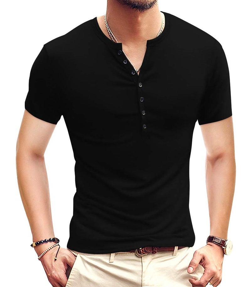 YTD Mens Casual Slim Fit Basic Henley Short Sleeve Fashion Summer T-Shirt M Black - Image 1
